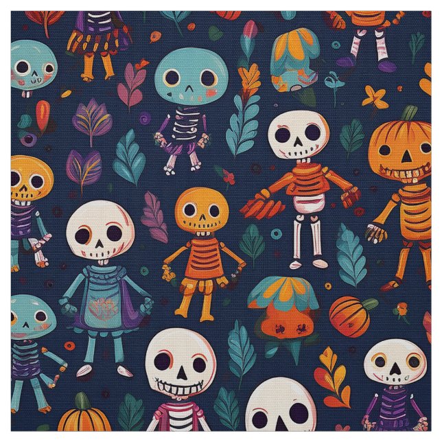 Cute och skämtsfärgade skelett på halloween tyg (Provkarta)