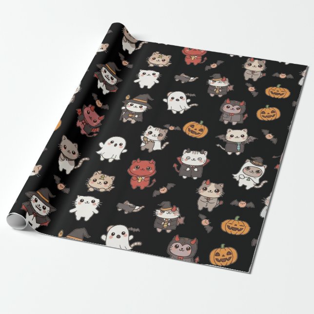 Cute och Spooky Halloween Cats Wrapping Papper Presentpapper (Utrullad)
