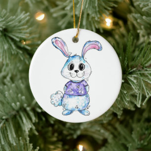 Cute och Whimsical Blue Bunny Julgransprydnad Keramik