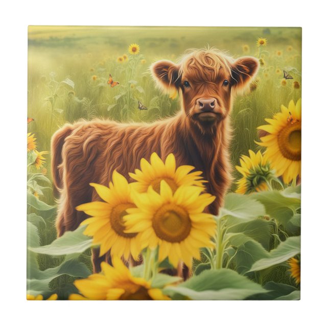Cute och Whimsical Highland Calf Sunblommor Kakelplatta (Framsidan)