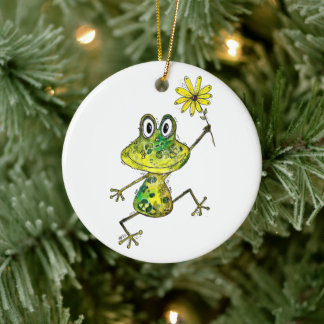Cute och Whimsical Lycklig Frog Julgransprydnad Keramik