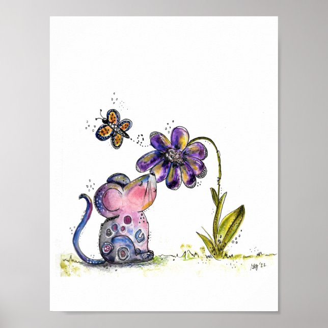 Cute och Whimsical Mouse och Flower Poster (Framsidan)