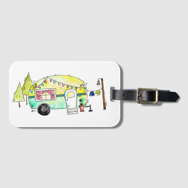 Cute och Whimsical Retro Lycklig Camper Bagagebricka (Framsida horisontal)