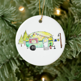 Cute och Whimsical Retro Lycklig Camper Julgransprydnad Keramik