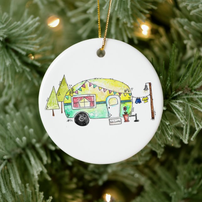 Cute och Whimsical Retro Lycklig Camper Julgransprydnad Keramik (Träd)