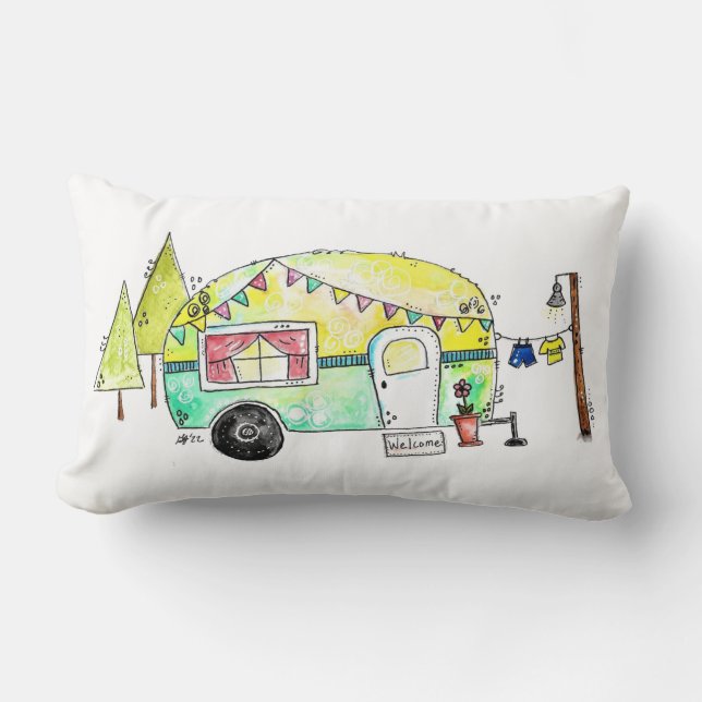 Cute och Whimsical Retro Lycklig Camper Lumbarkudde (Framsida)