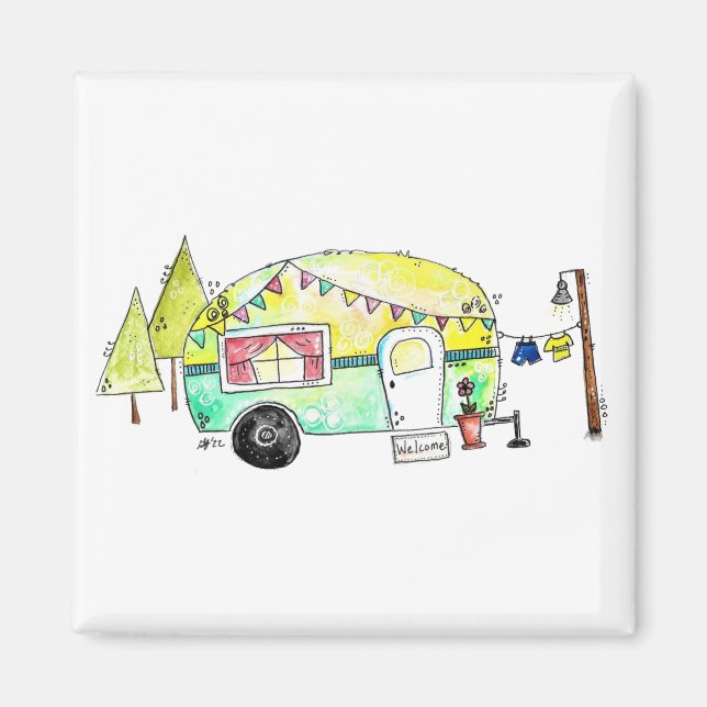 Cute och Whimsical Retro Lycklig Camper Magnet (Framsidan)