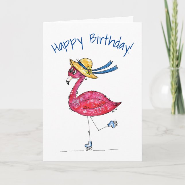 Cute och Whimsical Rosa Flamingo på Skates Kort (Framsida)