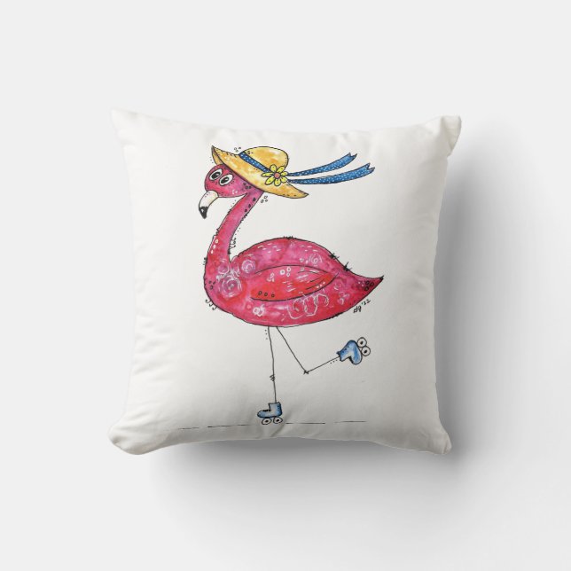 Cute och Whimsical Rosa Flamingo på Skates Kudde (Framsida)