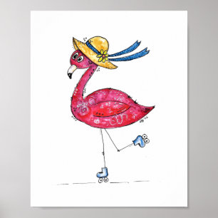 Cute och Whimsical Rosa Flamingo på Skates Poster