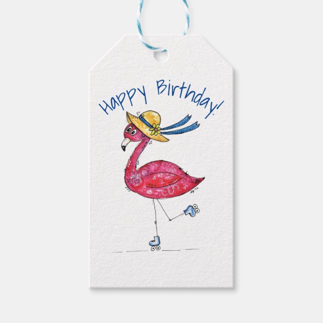 Cute och Whimsical Rosa Flamingo på Skates Presentetikett (Framsidan)