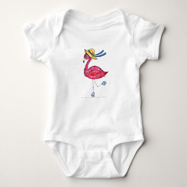 Cute och Whimsical Rosa Flamingo på Skates T Shirt (Framsida)