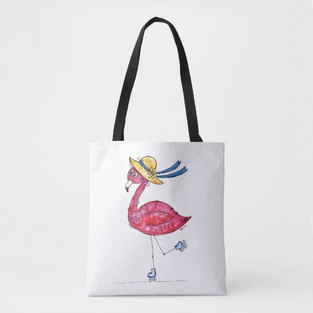 Cute och Whimsical Rosa Flamingo på Skates Tygkasse (Framsida)