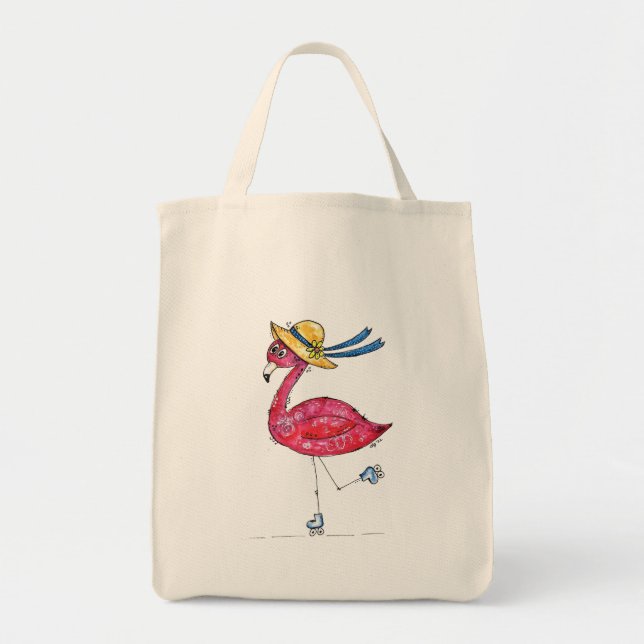 Cute och Whimsical Rosa Flamingo på Skates Tygkasse (Framsidan)