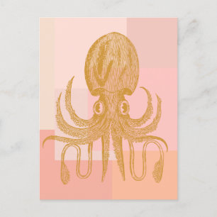 Cute Octopus Art Illustration i Rosa och Guld Vykort