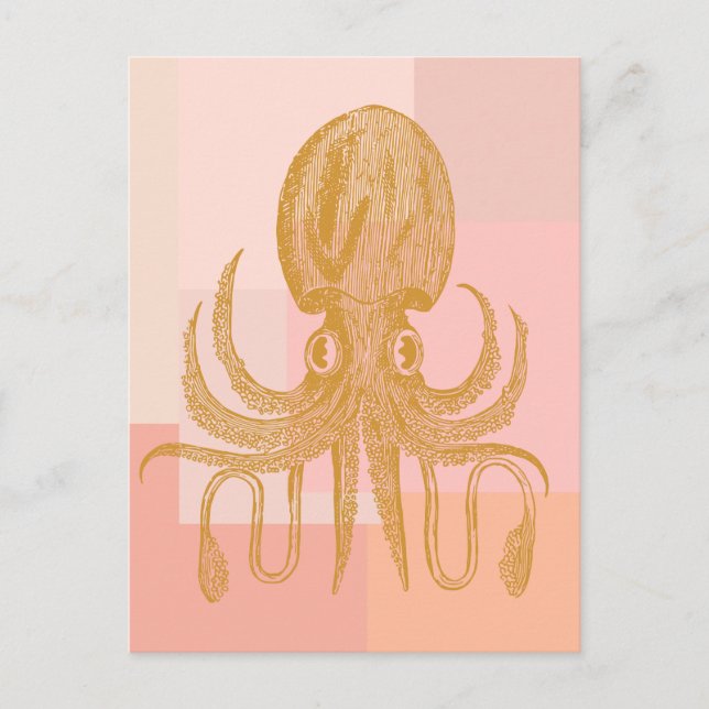 Cute Octopus Art Illustration i Rosa och Guld Vykort (Framsida)