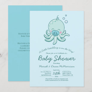 Cute Octopus Baby Shower Kawaii Blue Boy Inbjudningar