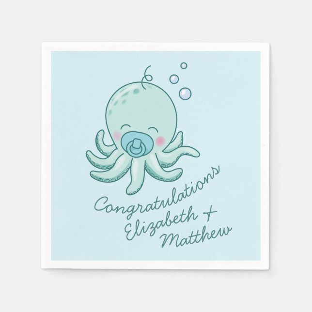 Cute Octopus Baby Shower Kawaii Blue Boy Pappersservett (Framsidan)