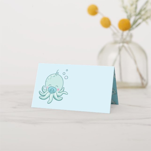 Cute Octopus Baby Shower Kawaii Blue Boy Placeringskort (Framsida)