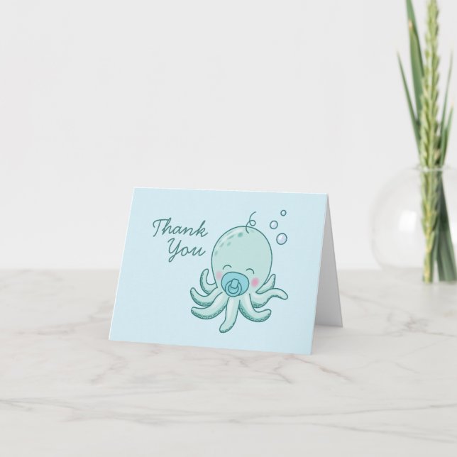 Cute Octopus Baby Shower Kawaii Blue Boy Tack Kort (Framsida)