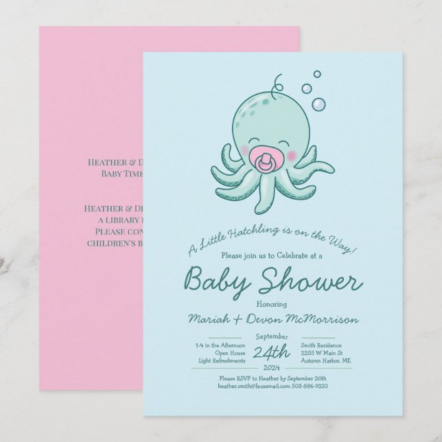 Cute Octopus Baby Shower Kawaii Rosa Girl Girl Inbjudningar (Fram/baksida)