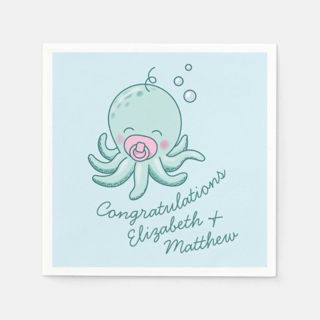 Cute Octopus Baby Shower Kawaii Rosa Girl Girl Pappersservett (Framsidan)