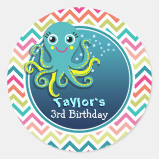 Cute Octopus; Colorful Chevron Barn Birthday Runt Klistermärke