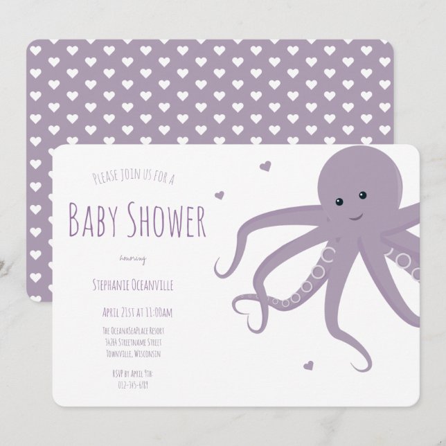 Cute Octopus Heart Lila Vågrät Baby Shower Inbjudningar (Fram/baksida)