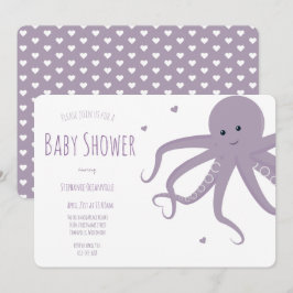 Cute Octopus Heart Lila Vågrät Baby Shower Inbjudningar