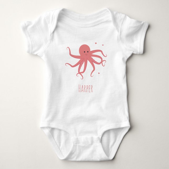 Cute Octopus Heart Rosa Tecknad Namn T Shirt (Framsida)