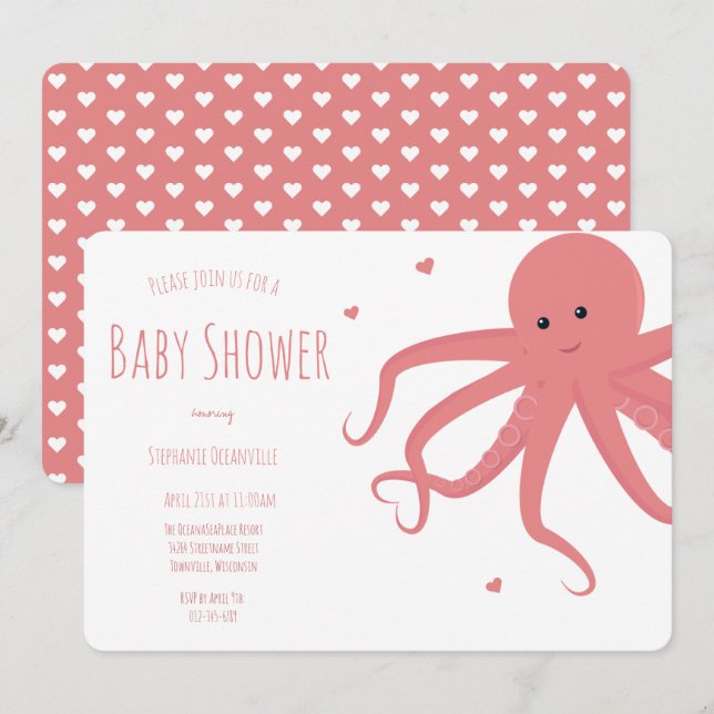 Cute Octopus Heart Rosa Vågrät Baby Shower Inbjudningar (Fram/baksida)