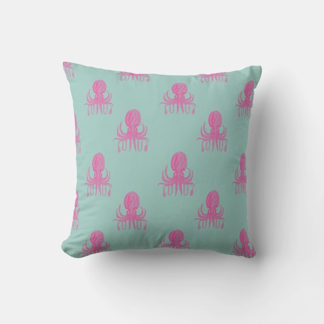 Cute Octopus Illustration Mönster Aqua and Fuchsia Kudde (Framsida)