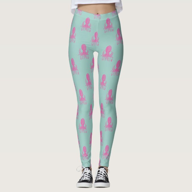 Cute Octopus Illustration Mönster Aqua and Fuchsia Leggings (Framsida)