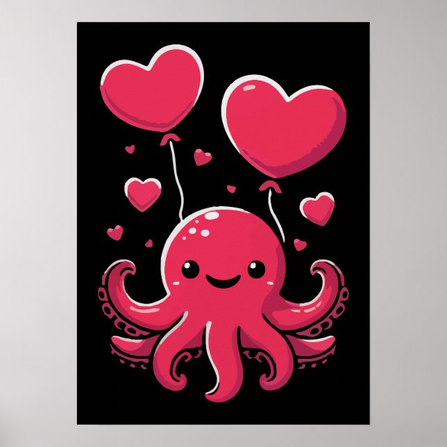 Cute Octopus med hjärtballonger, Alla hjärtans dag Poster (Framsidan)
