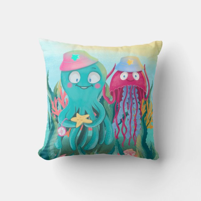 Cute Octopus och Jellyfish Dekorativ kudde (Framsida)