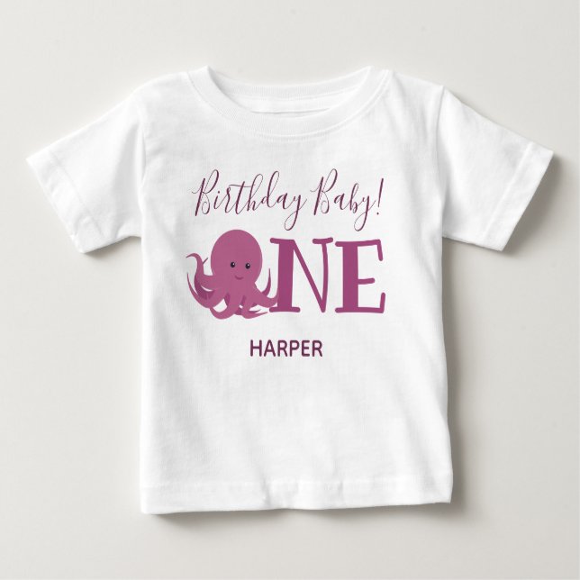 Cute Octopus One Namn första födelsedagen Baby T-S T Shirt (Framsida)