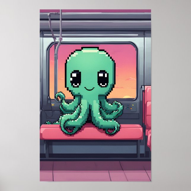 Cute Octopus på en solnedgång Tunnelbanan Ride Poster (Framsidan)