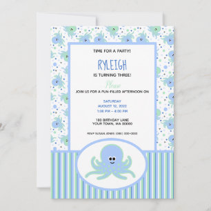 Cute Octopus Pastel Blue och Grönt Birthag Inbjudningar