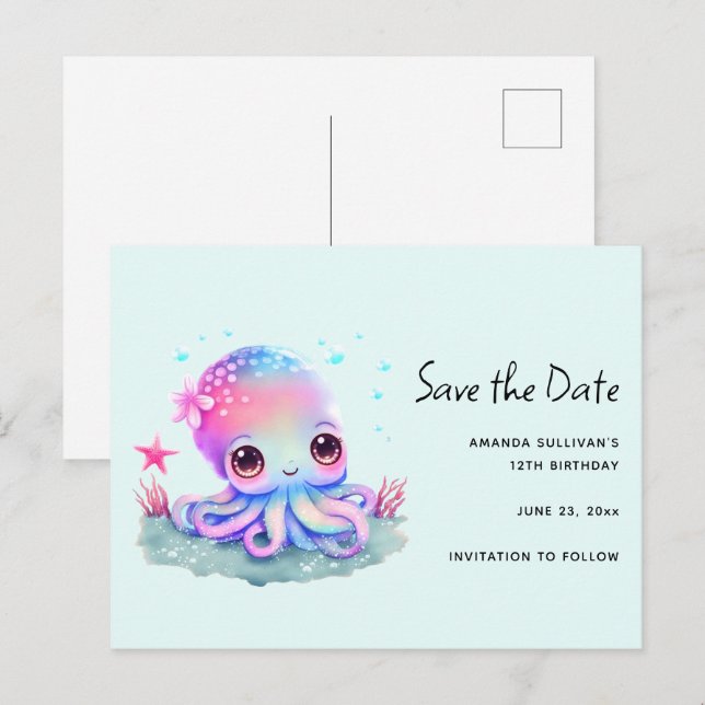 Cute Octopus Sea CreatSave the Date Inbjudan Vykort (Fram/baksida)