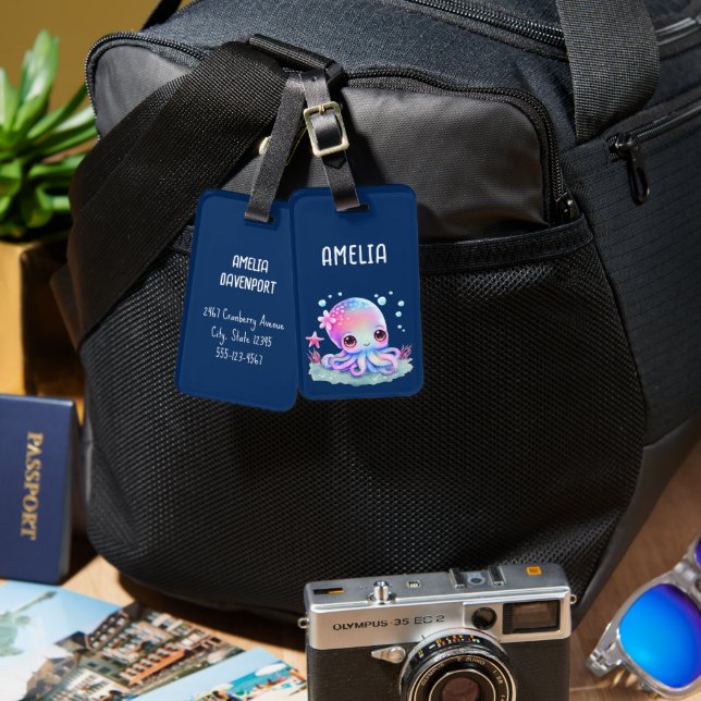 Cute Octopus Sea Creature Bagagebricka (Fram & Baksida)