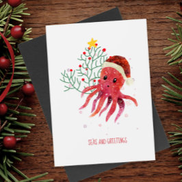 Cute Octopus Seas och Hälsning Julgran Helg Vykort