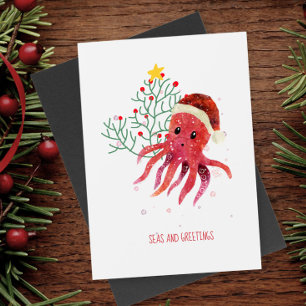 Cute Octopus Seas och Hälsning Julgran Helg Vykort