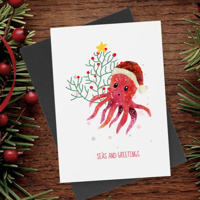 Cute Octopus Seas och Hälsning Julgran Helg Vykort (Skapare uppladdad)