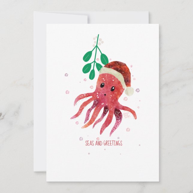 Cute Octopus Seas och Hälsning Mistletoe Julkort (Framsida)