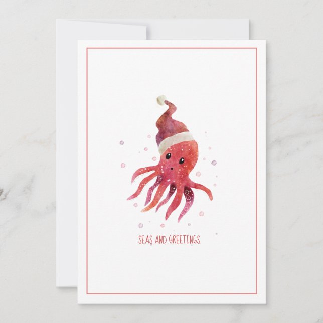 Cute Octopus Seas och Hälsning Santa Hat Helgdag Julkort (Framsida)