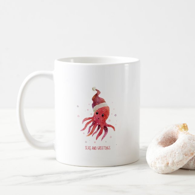Cute Octopus Seas och Hälsning Santa Hat Kaffemugg (Med munk)