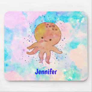 Cute Octopus Tecknad Anpassat namn för vattenfärg Musmatta