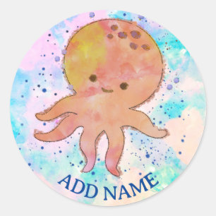 Cute Octopus Tecknad Anpassat namn för vattenfärg Runt Klistermärke