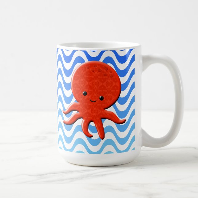 Cute Octopus Tecknad Blue Vågar Kaffemugg (Höger)
