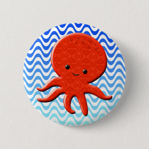 Cute Octopus Tecknad Blue Vågar Knapp